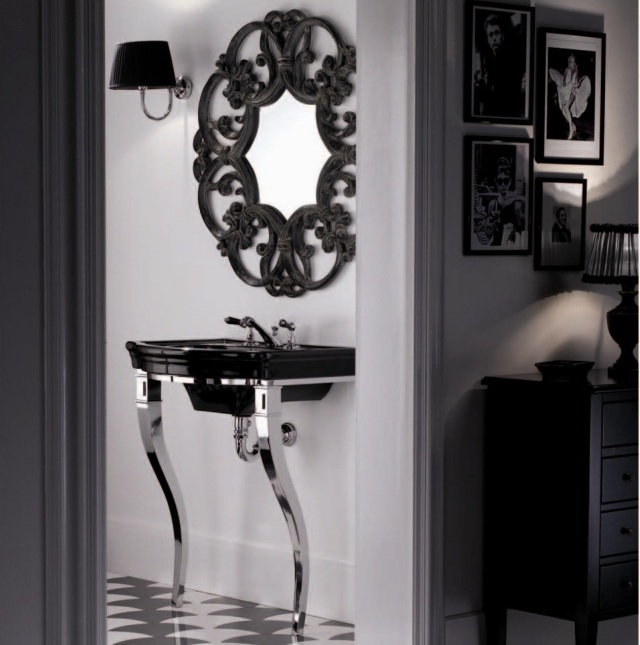 meuble-sous-lavabo-style-classique-noir-pieds-métalliques-miroir-cadre-élégant-noir-ornements meuble sous lavabo