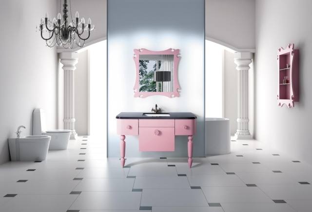meuble-sous-lavabo-style-classique-rose-clair-tiroirs-poignées-originales-cadre-miroir-rose meuble sous lavabo