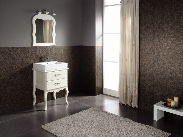 meuble-sous-lavabo-style-classique-tiroirs-miroir-élégant-murs-marron-blanc meuble sous lavabo