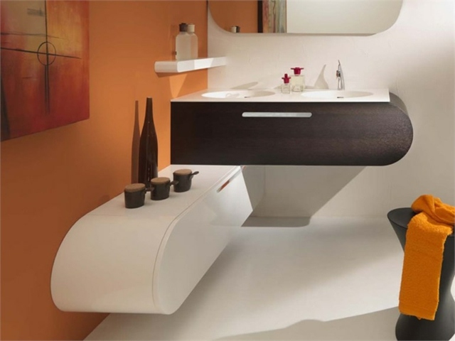 meubles blanc bois salle de bains orange