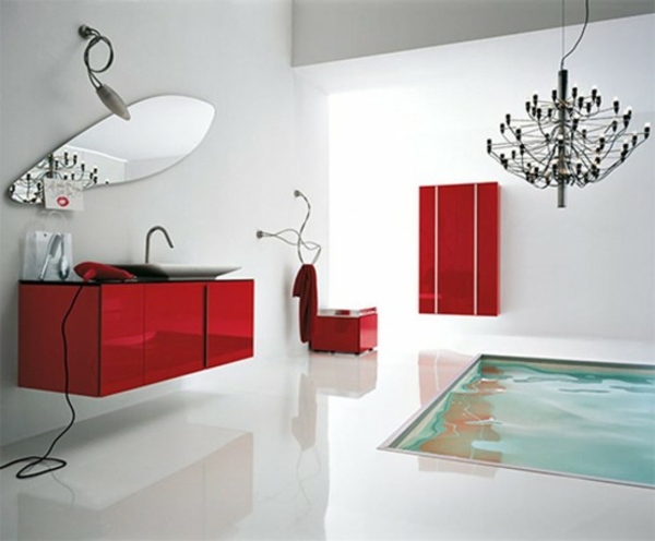 mobilier salle bain rouge