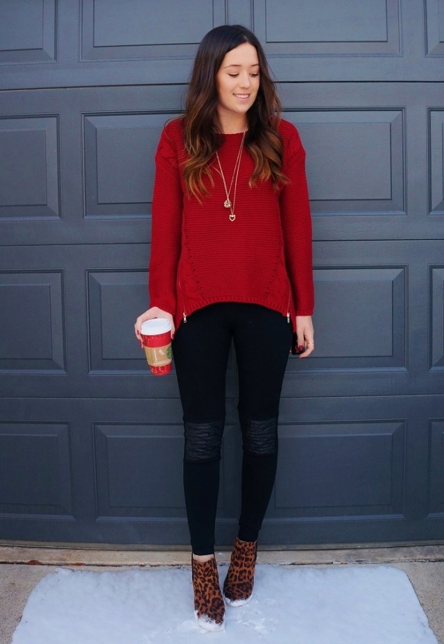 mode-automne-2014-couleur-tendance-rouge-pull-pantalon-slim-noir-chaussures-motifs-guépard mode automne 2014