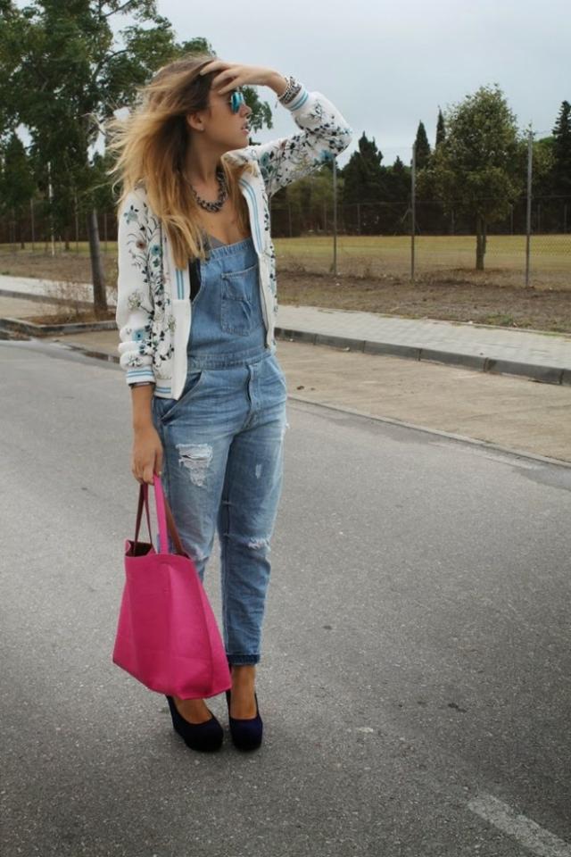mode femme combinaison jean sac rose