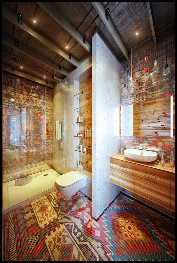 Mosaïque salle de bain aux motifs aztèques  thème rouge marron géométriques 