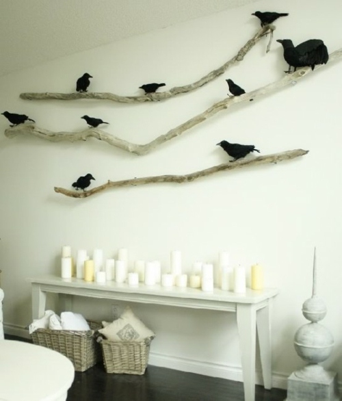 mur blanc decotaion branches arbre oiseaux