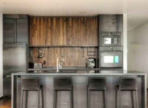 mur bois meubles cuisine grise