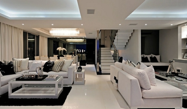 noir et blanc interieur luxe escalier plafond eclaire