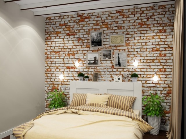 papier-peint-brique-chambre-coucher-brique-blanc-marron-literie-beige-rayures