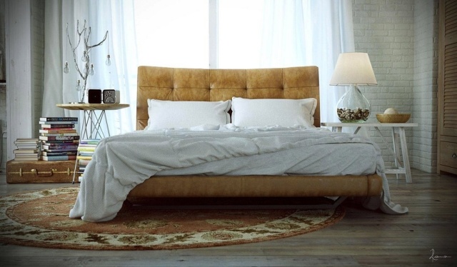 papier-peint-brique-chambre-coucher-brique-blanche-tête-lit-tapissée-cuir-beige papier peint