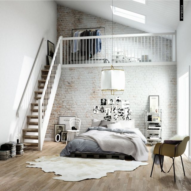 papier-peint-brique-chambre-coucher-brique-marron-clair-blanc-relief-suspension-élégante papier peint