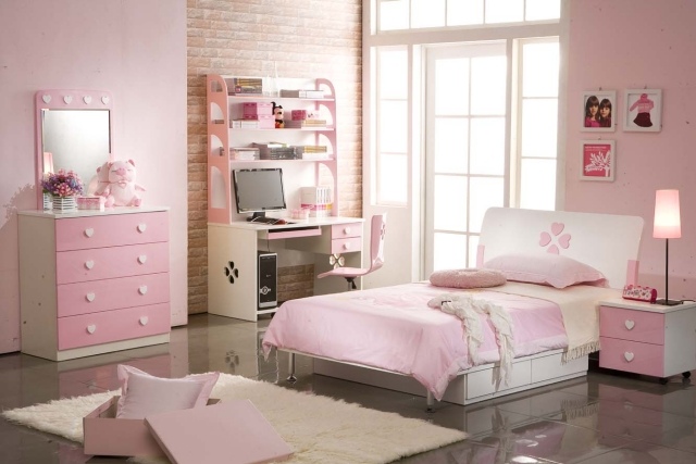 papier-peint-brique-chambre-coucher-fille-rose-accents-blanc-rose papier peint