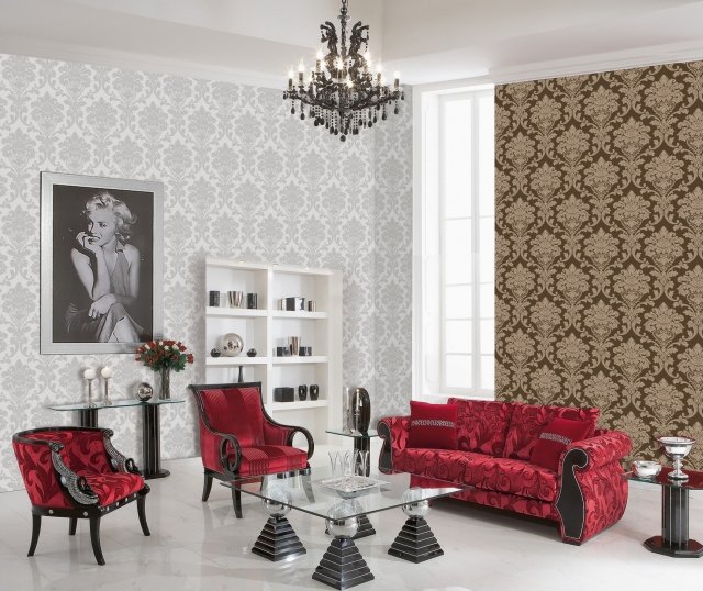 papier-peint-intissé-blanc-marron-motifs-baroques-mobilier-rouge