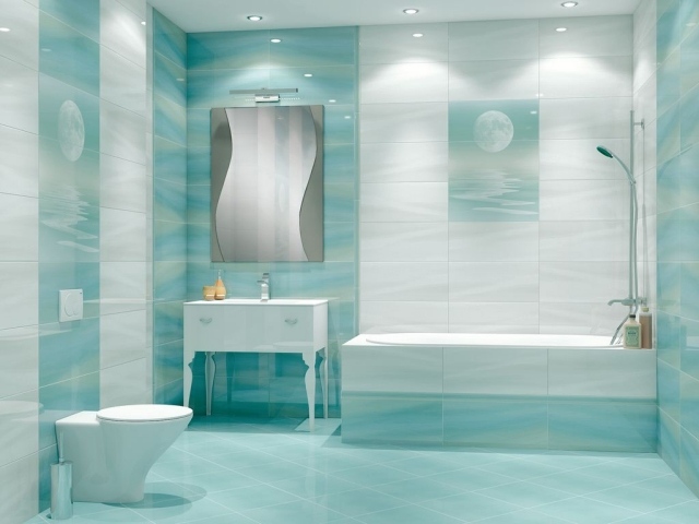 peinture-salle-bains-murs-deux-couleurs-blanc-bleu-pâle-motifs-lune peinture salle de bains