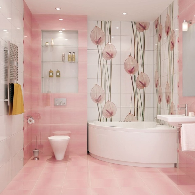 peinture-salle-bains-murs-deux-couleurs-rose-pâle-blanc-motifs-floraux-tendres peinture salle de bains