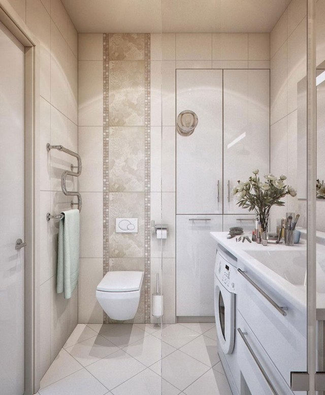 peinture-salle-bains-petite-carrelage-blanc-beige-brillant-mobilier-blanc peinture salle de bains
