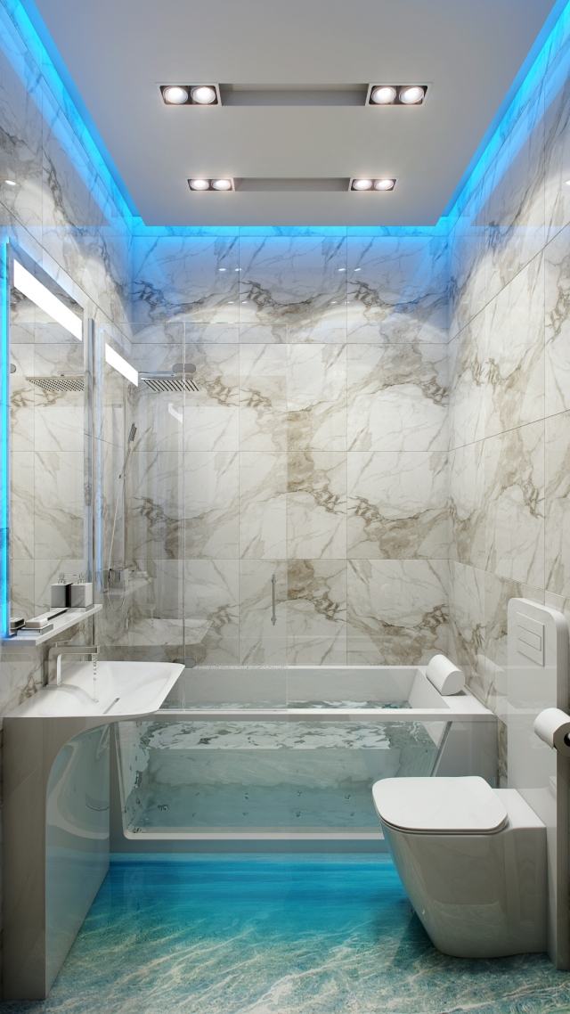 peinture-salle-bains-petite-carrelage-motifs-gris-éclairage-led-bleu-mobilier-blanc peinture salle de bains