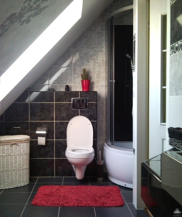 peinture-salle-bains-petite-carrelage-noir-beige-brillant-tapis-rouge peinture salle de bains
