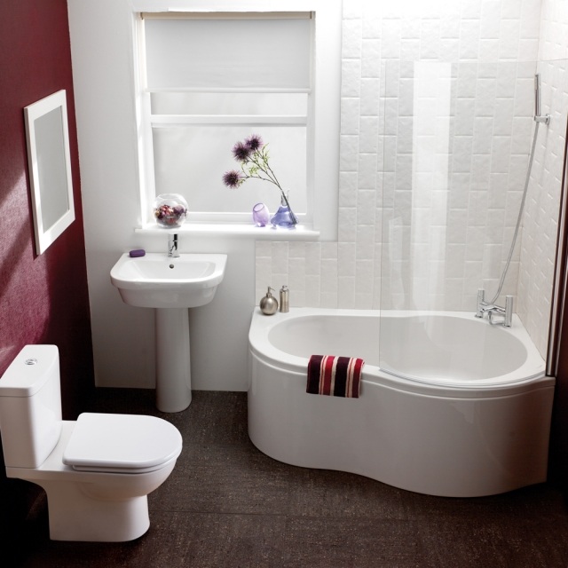 peinture-salle-bains-petite-mur-bordeaux-blanc-mobilier-blanc peinture salle de bains