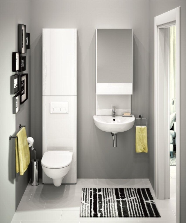 peinture-salle-bains-petite-tapis-noir-blanc-miroir-murs-gris-clair peinture salle de bains
