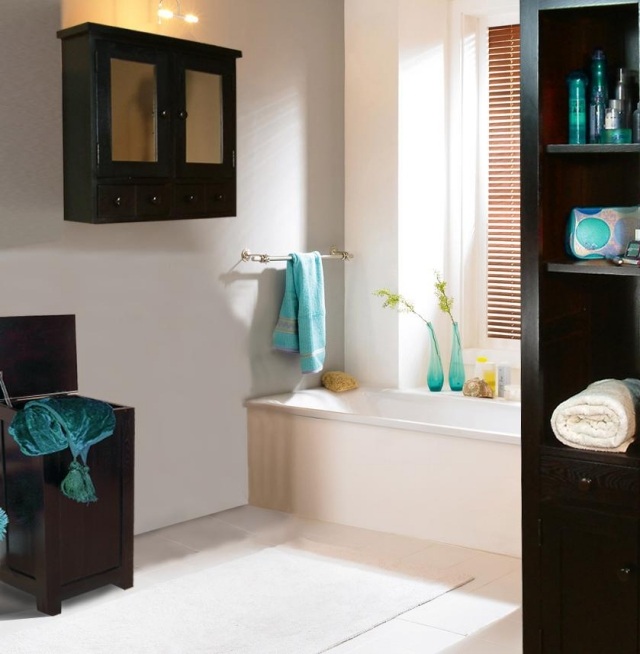 petite salle de bain mobilier-foncé-accents-turquoise