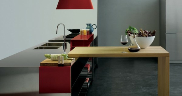 plan de travail meuble cuisine rouge bois