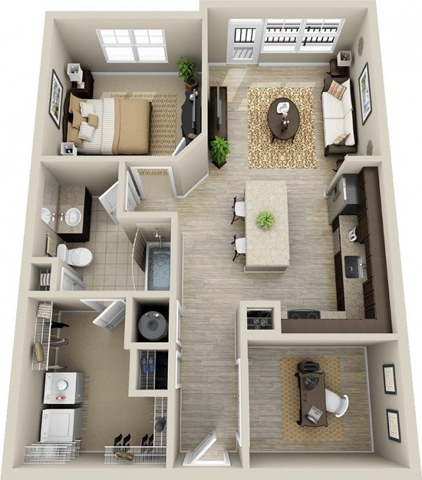 plan maison une pièce avec un espace bureau à domicile