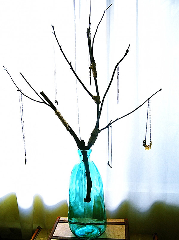 rangement bijoux DIY branches bouteille couleur bleu