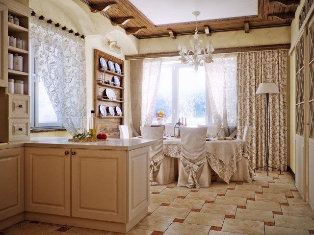 rideaux-cuisine-armoires-bois-blanc-carrelage-sol-beige-clair-rideaux-élégant-motifs-marron-clair