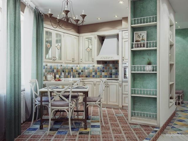 rideaux-cuisine-bleu-clair-élégants-longs-carrelage-sol-dosseret-carreaux-multicolores-lustre-fer