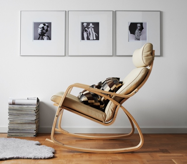 rocking-chair-cuir-beige-clair-bois-design-moderne rocking chair