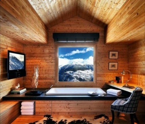 salle bain bois comfortable vue montagne