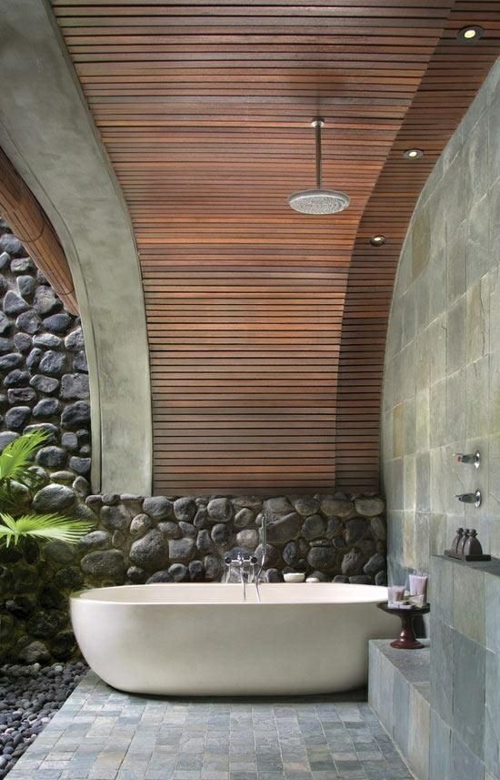 salle bain exterieur pierre bois