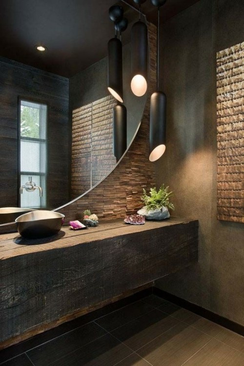 salle de bain moderne bois pierre grand miroir