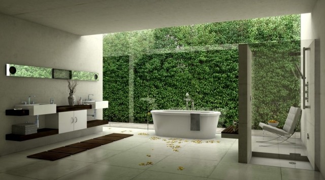 salle-bains-design-naturel-accents-bois-vue-jardin-vert-mur-végétal