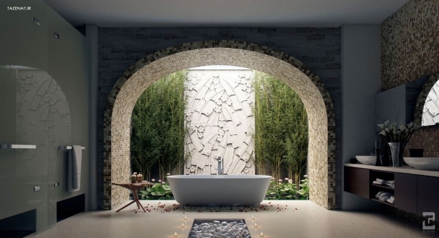 salle-bains-design-naturel-fleurs-blanches-pierres-décoratives-blanches-vue-jardin