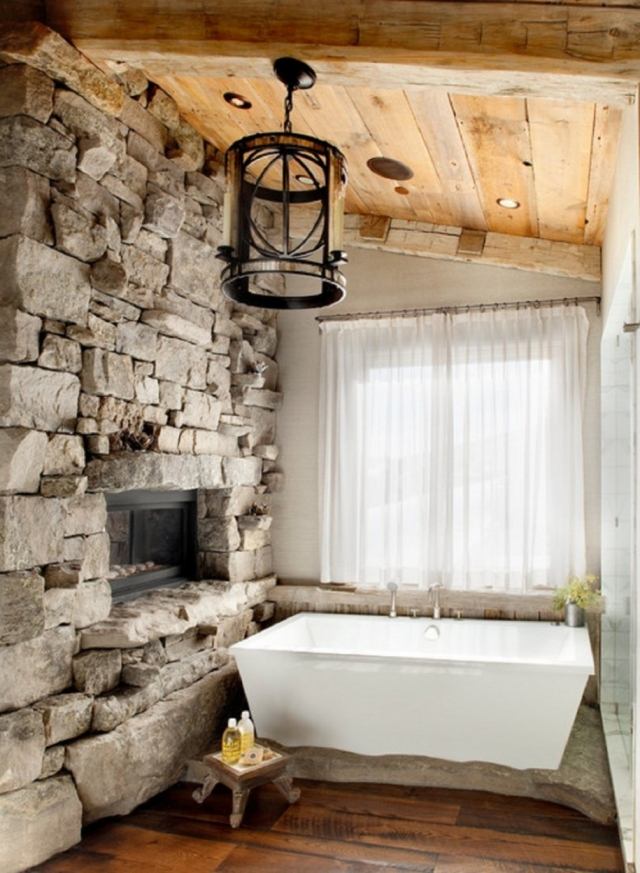 salle-bains-design-naturel-mur-pierre-naturelle-revêtement-sol-plafond-bois salle de bains design