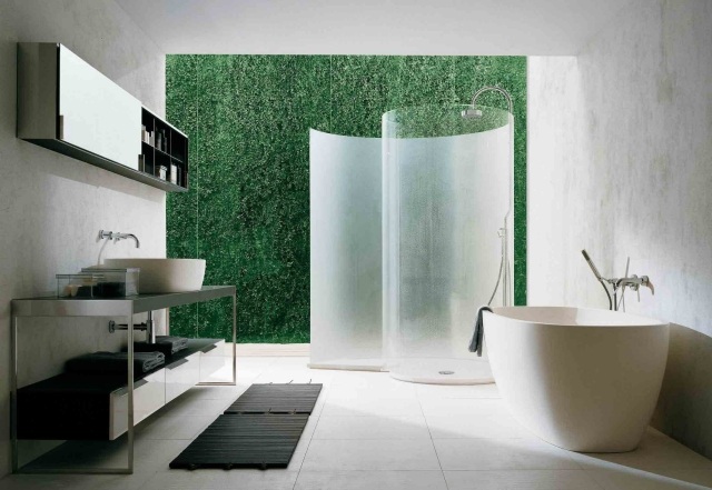 salle-bains-design-naturel-mur-végétal-tapis-baing-bois salle de bains design