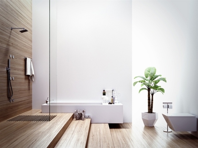 salle-bains-design-naturel-revêtement-sol-mural-bois-plante-verte salle de bains design
