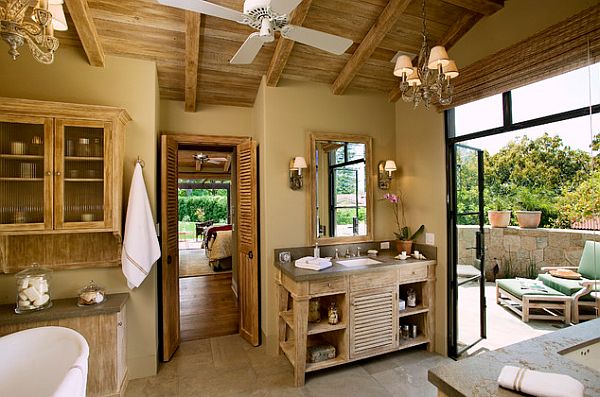 salle bains luxueuse bois fenêtre sur nature