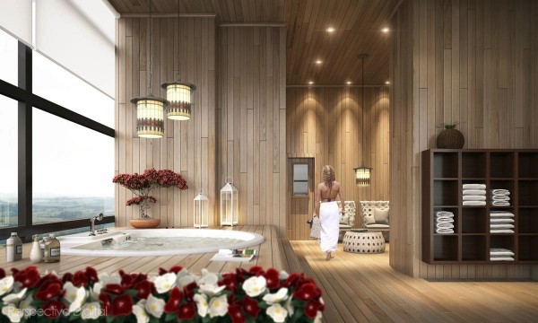 salle bains nature baie vitree parquet bois fleurs rouge blanc