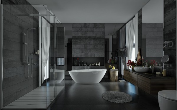 salle bains nature baignoire ilot gris anthracite
