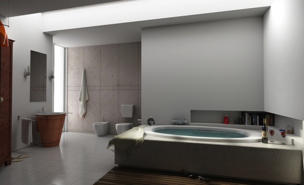salle bains nature beton banche baignoire ronde lumiere reflechie