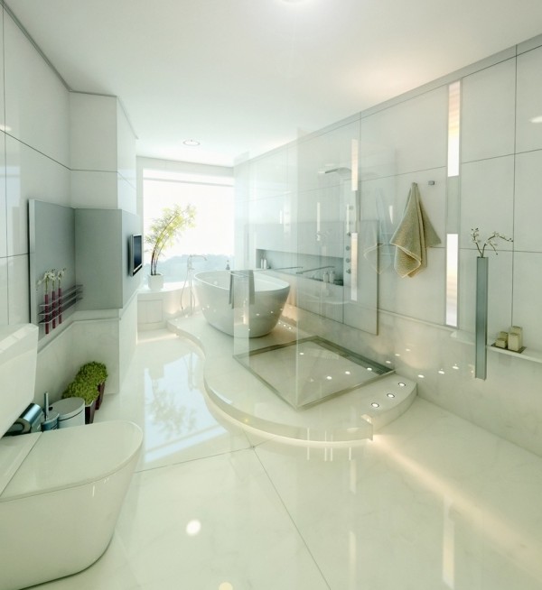 salle bains nature carrelage marbre blanc verre poli