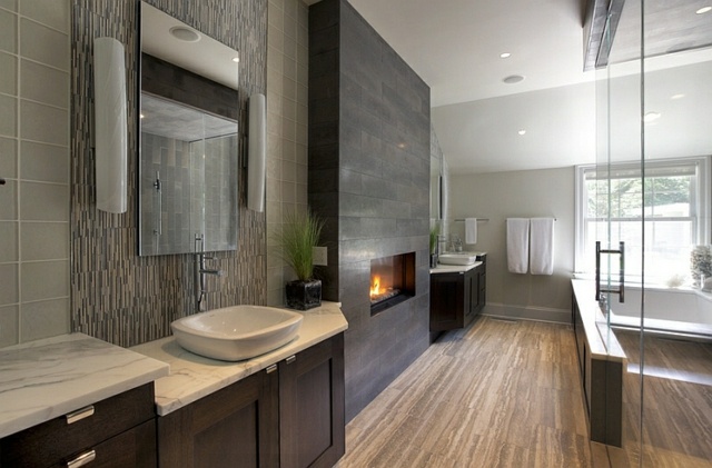 salle bains spa design cheminee carrelage gris lumiere