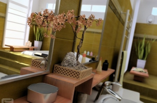 salle de bain avec bonsaï