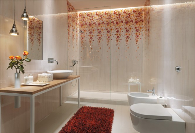 salle de bain  carrelage blanc rouge