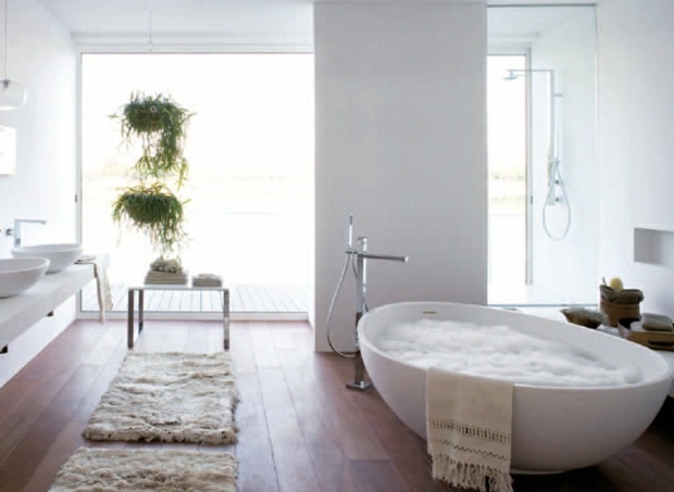 salle de bain minimaliste plantes suspendues