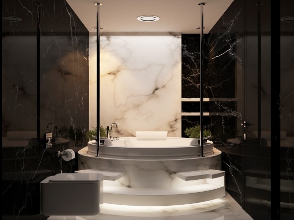 salle de bains marbre blanc noir futuriste