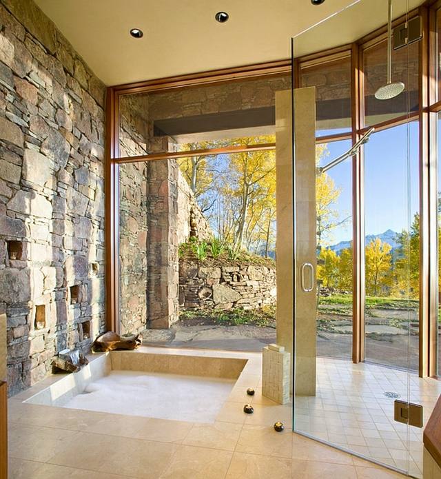 salle de bains spa design decaisse trou beige vitrage exterieur