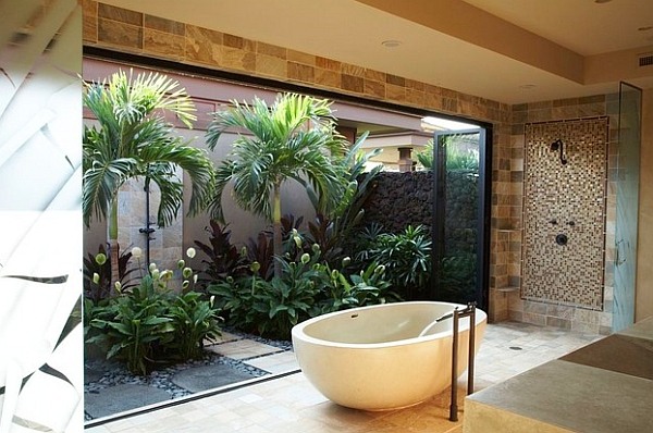 salle de bains végétation baignoire